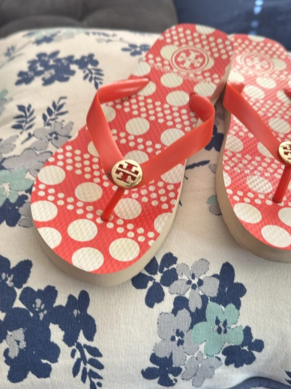 Tory Burch  orange and White Polka Dot Flip Flops with Gold Logo